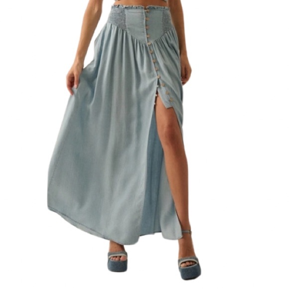 New Fabulous Smocked Denim Button Front Maxi Skirt - Picture 3 of 8